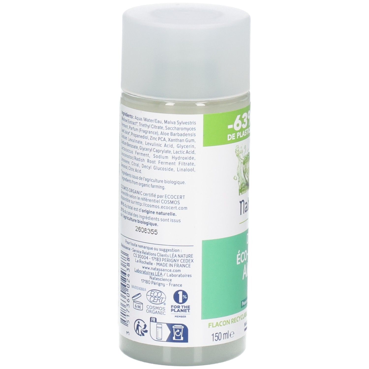 Achterkant van de deodorant roller fles. Bevat ingrediënten en certificeringen. Fles is recyclebaar.