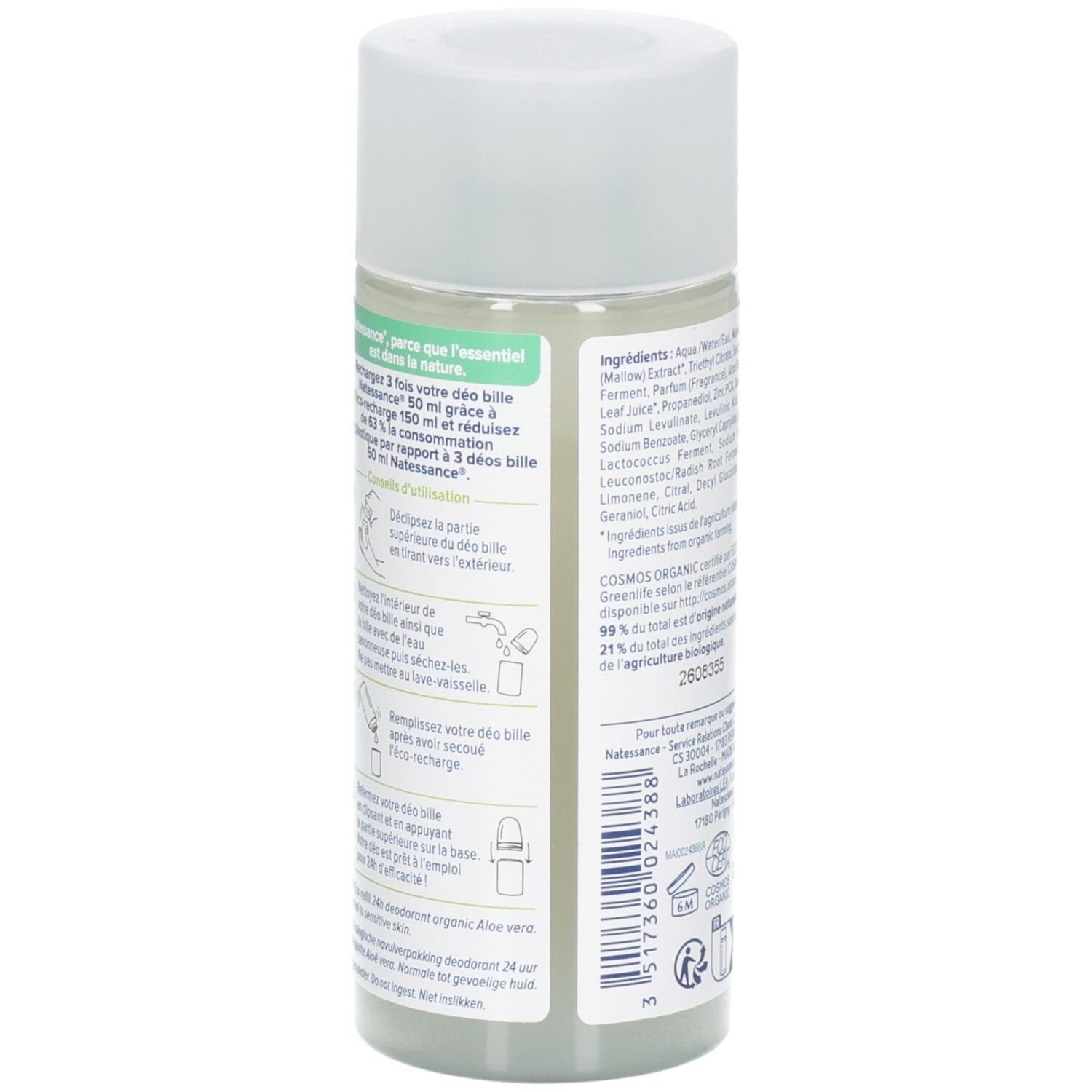 Achterkant van de deodorant roller fles. Bevat ingrediënten en instructies. Fles is recyclebaar.