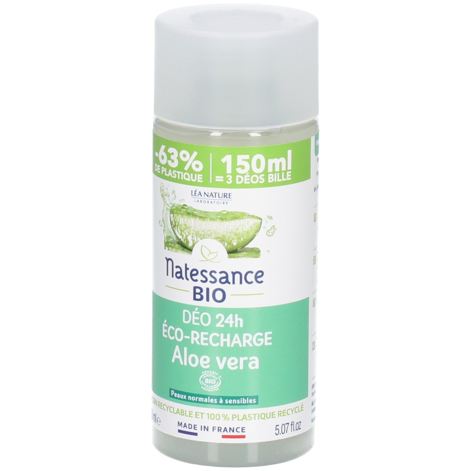 NATESSANCE BIO deodorant roller, Aloe vera. Witte fles met groen etiket. Bevat 150 ml. Recyclebaar.
