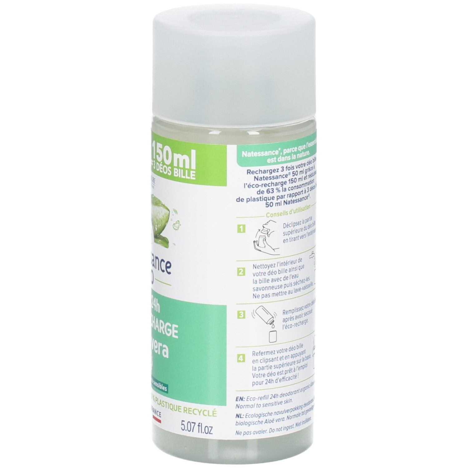 Achterkant van de deodorant roller fles. Bevat instructies en informatie. Fles is recyclebaar.