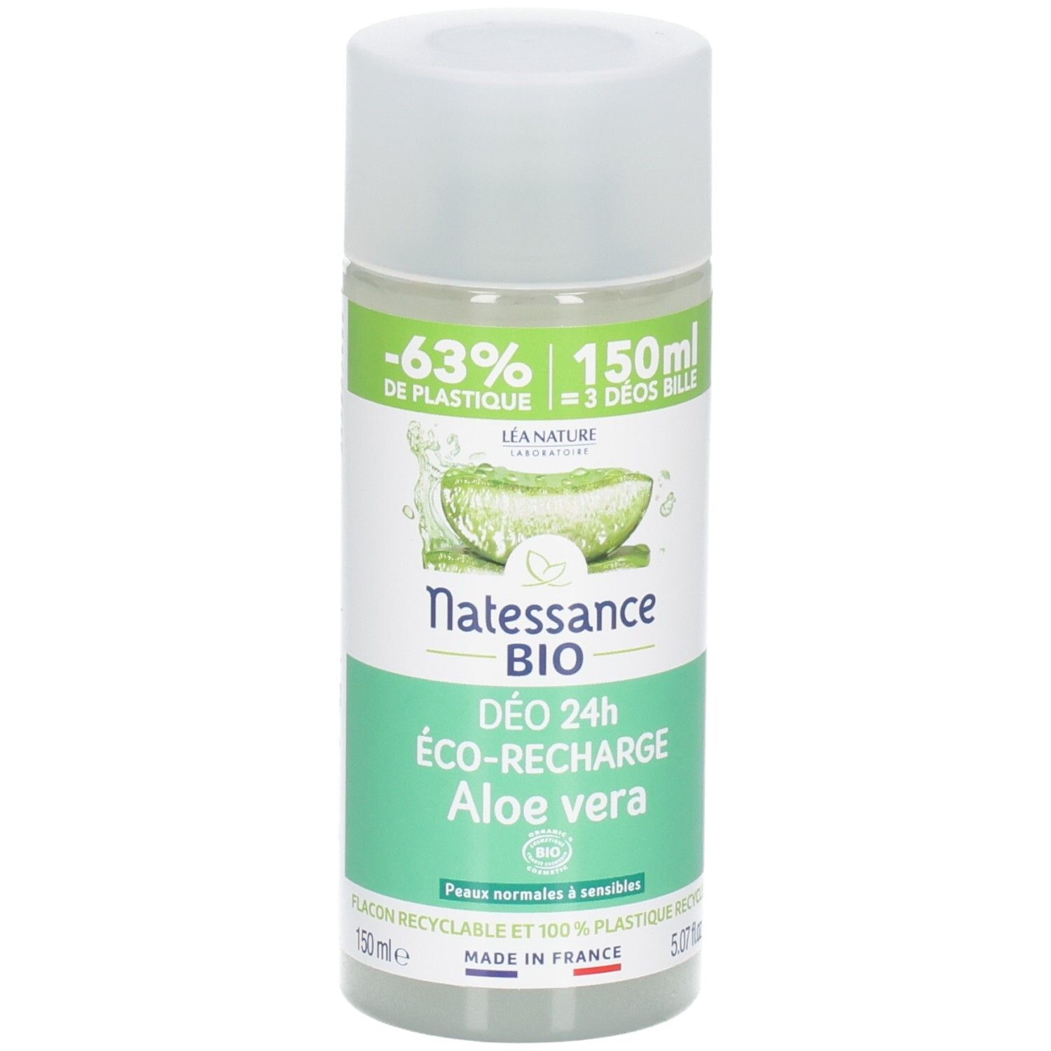 NATESSANCE BIO deodorant roller, Aloe vera. Witte fles met groen etiket. Bevat 150 ml. Recyclebaar.