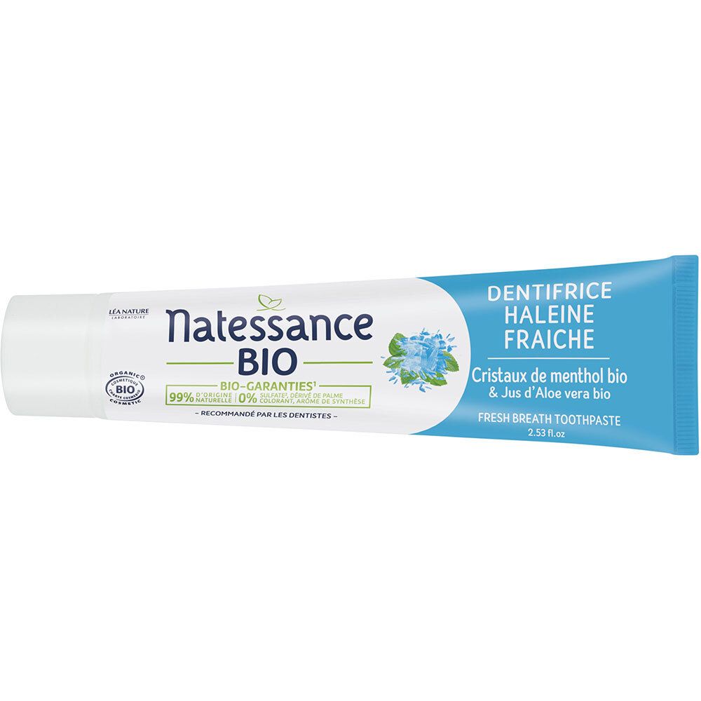 Tube de dentifrice bleu. Inscriptions: Natessance BIO, Dentifrice Haleine Fraîche, Bio-garanties.