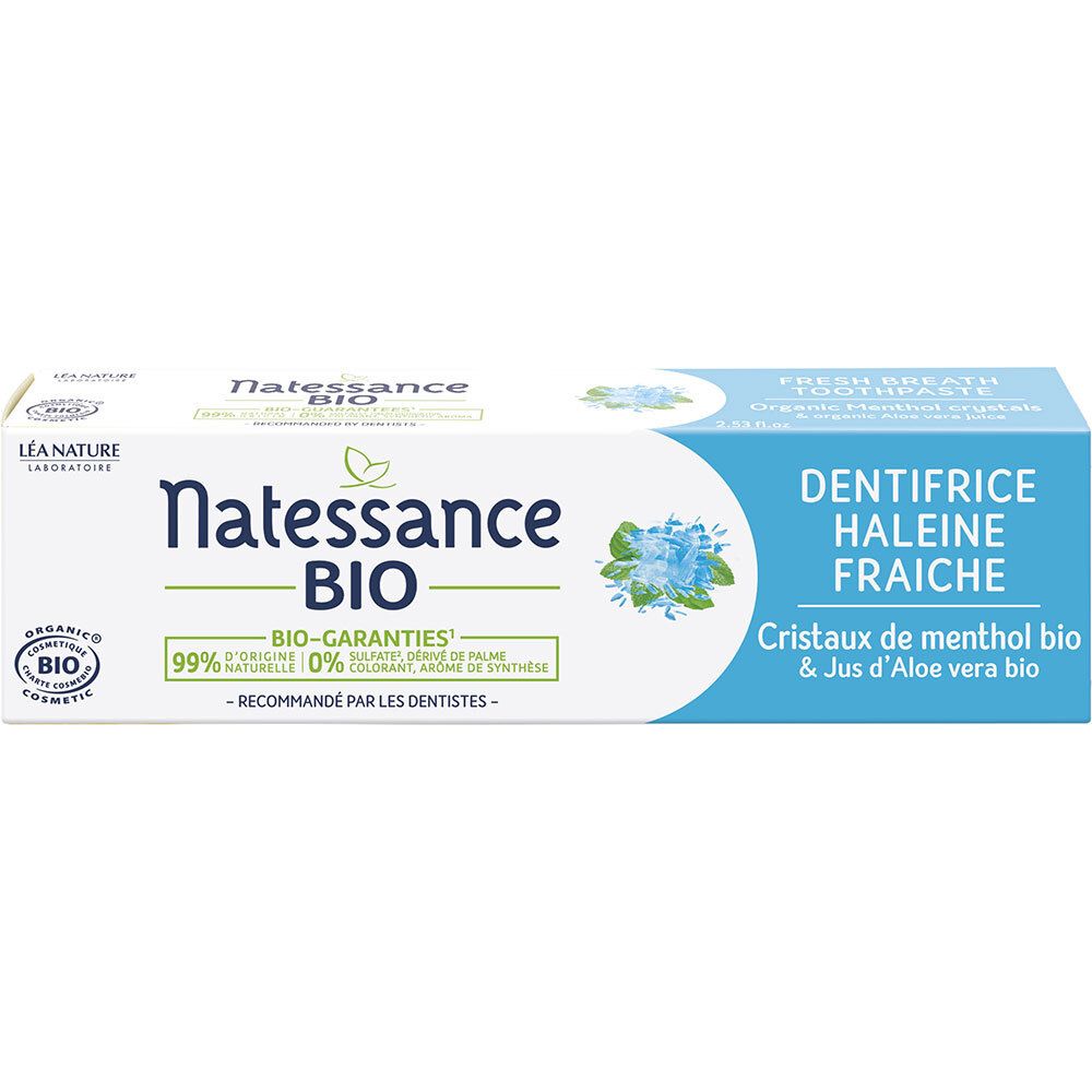 Boîte de dentifrice avec tube. Inscriptions: Natessance BIO, Dentifrice Haleine Fraîche, Bio-garanties.