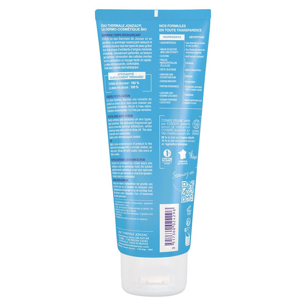 Achterkant van een lichtblauwe tube. Tekstinformatie, ingrediënten en certificeringen. Witte dop. QR-code en logo.