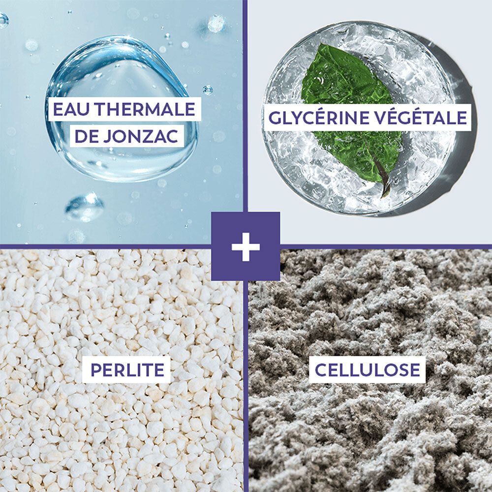 Quatre éléments: Eau Thermale de Jonzac, Glycérine Végétale, Perlite, Cellulose. Texte en français.