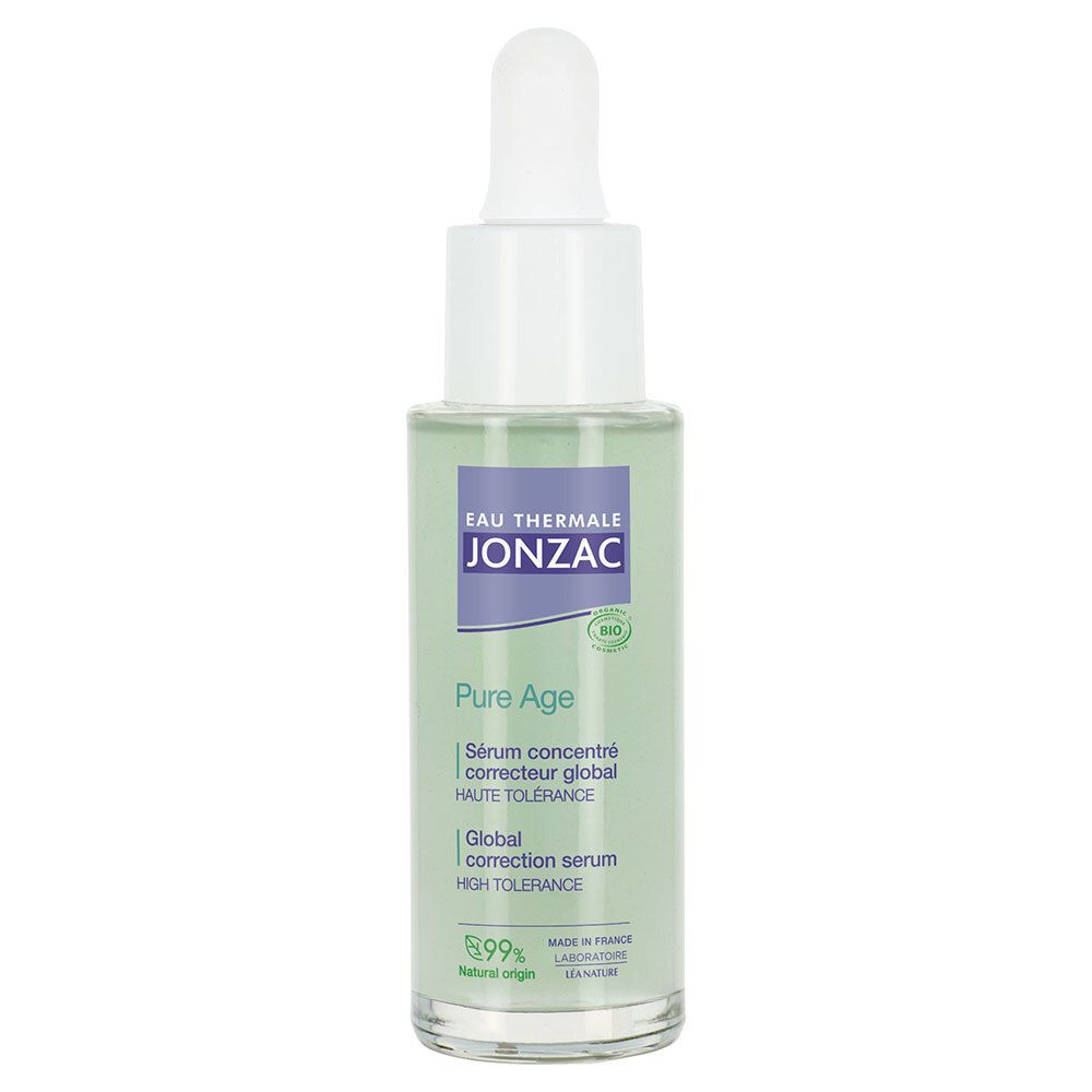 Jonzac Pure Age serumflesje met pipet. Groenachtige vloeistof, witte dop. Productnaam en logo zichtbaar.