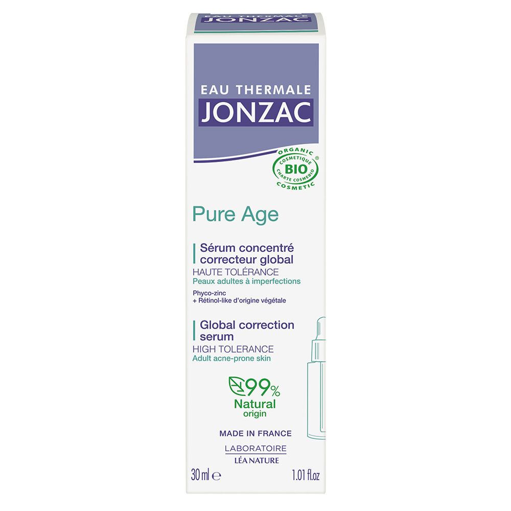 Kartonnen verpakking voor Jonzac Pure Age serum. Productnaam, logo en productbeschrijving in het Frans.