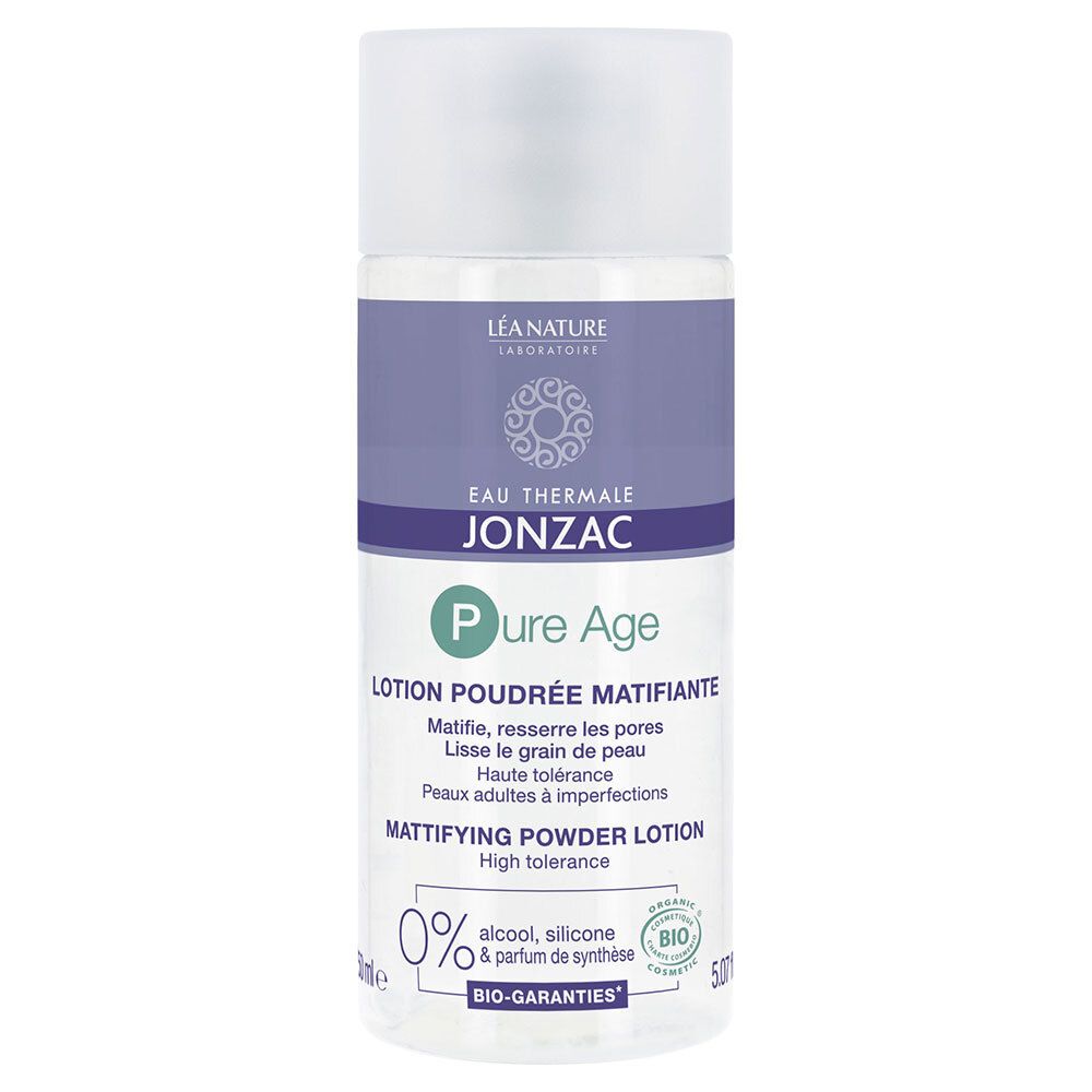 Jonzac Pure Age Lotion Poudrée Matifiante. Flacon blanc, étiquette violette. Inscriptions: Jonzac, Pure Age, Mattifying Powder Lotion.