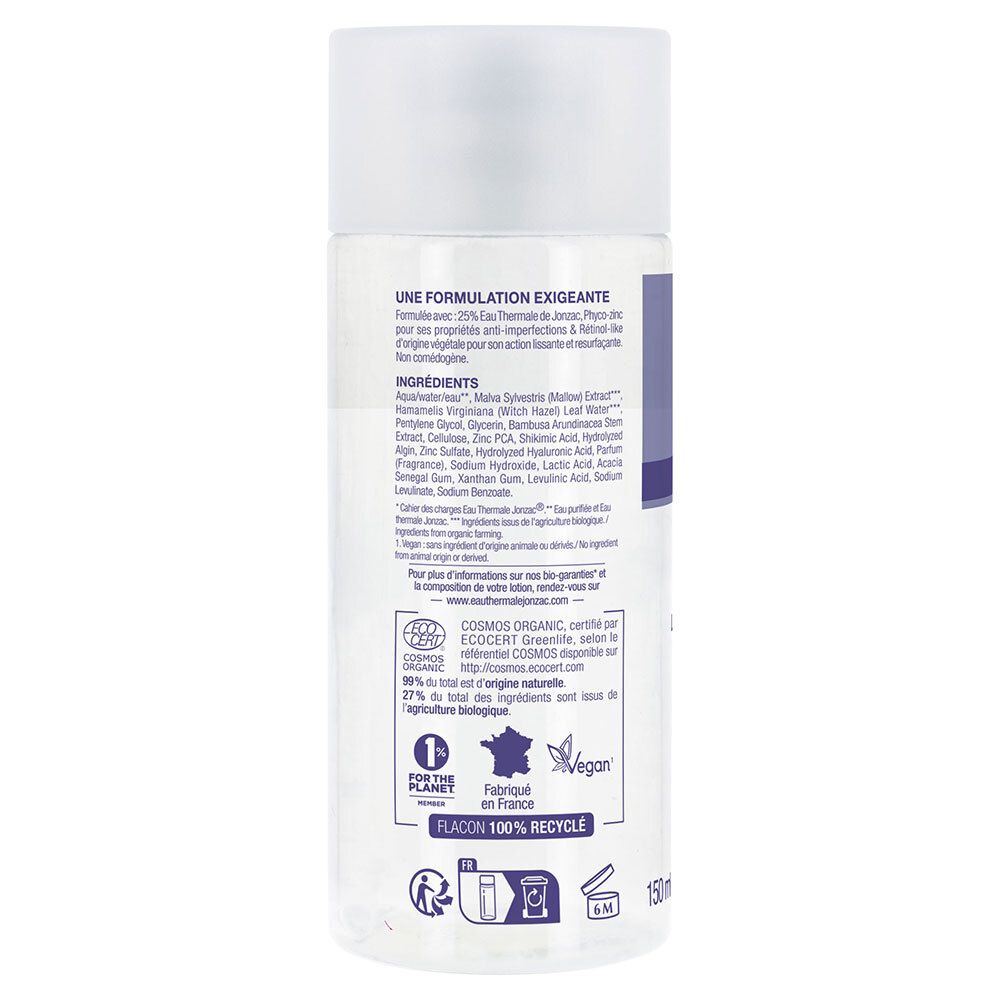 Dos de la lotion Jonzac. Inscriptions: ingrédients, COSMOS ORGANIC, Vegan. Flacon 100% recyclé.