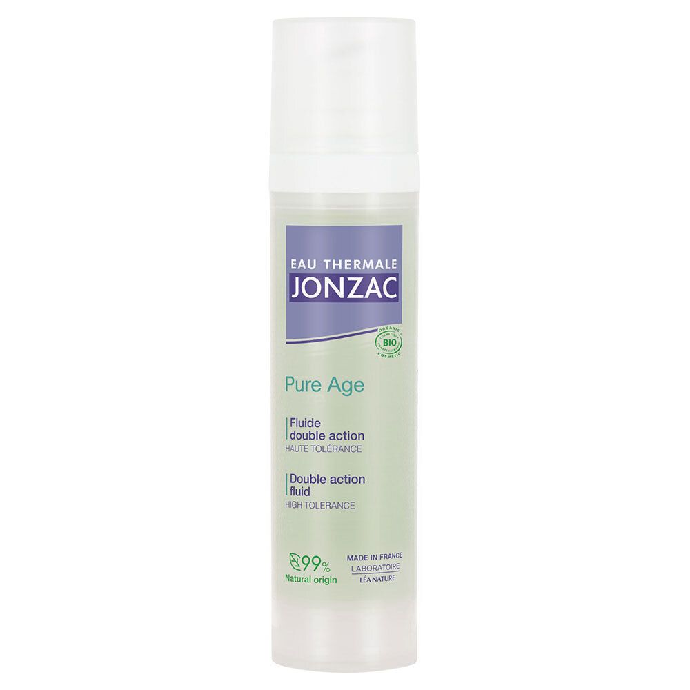Flacon Jonzac Pure Age. Inscription: Eau Thermale Jonzac, Pure Age, 99% d'origine naturelle. Bouchon blanc, corps vert clair.