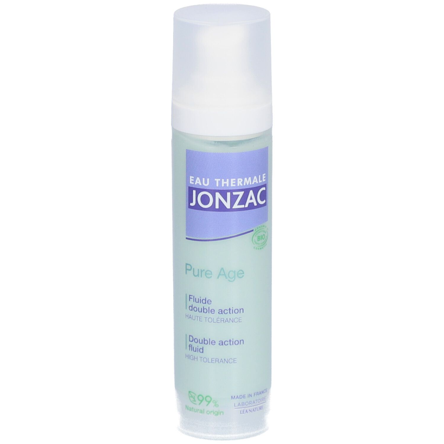 Flacon Jonzac Pure Age. Inscription: Eau Thermale Jonzac, Pure Age, 99% d'origine naturelle. Vert clair.