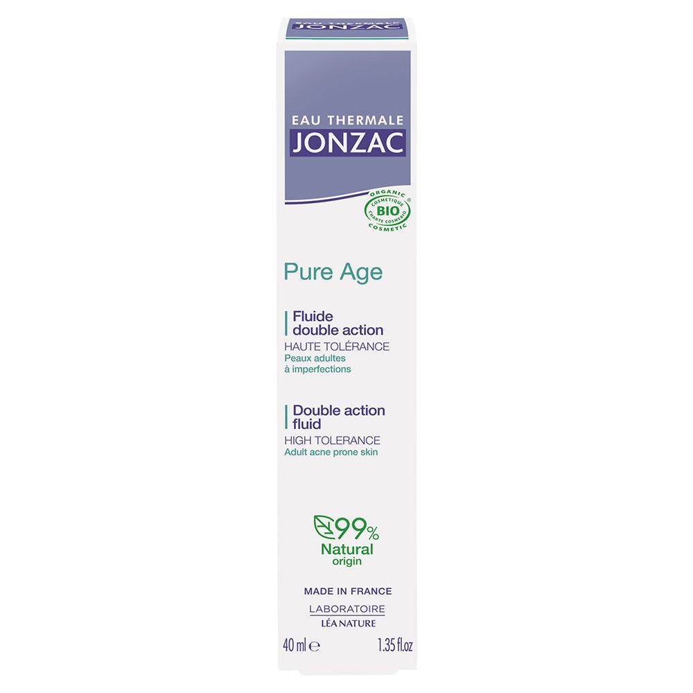Emballage Jonzac Pure Age. Inscription: Eau Thermale Jonzac, Pure Age, 99% d'origine naturelle. Boîte.