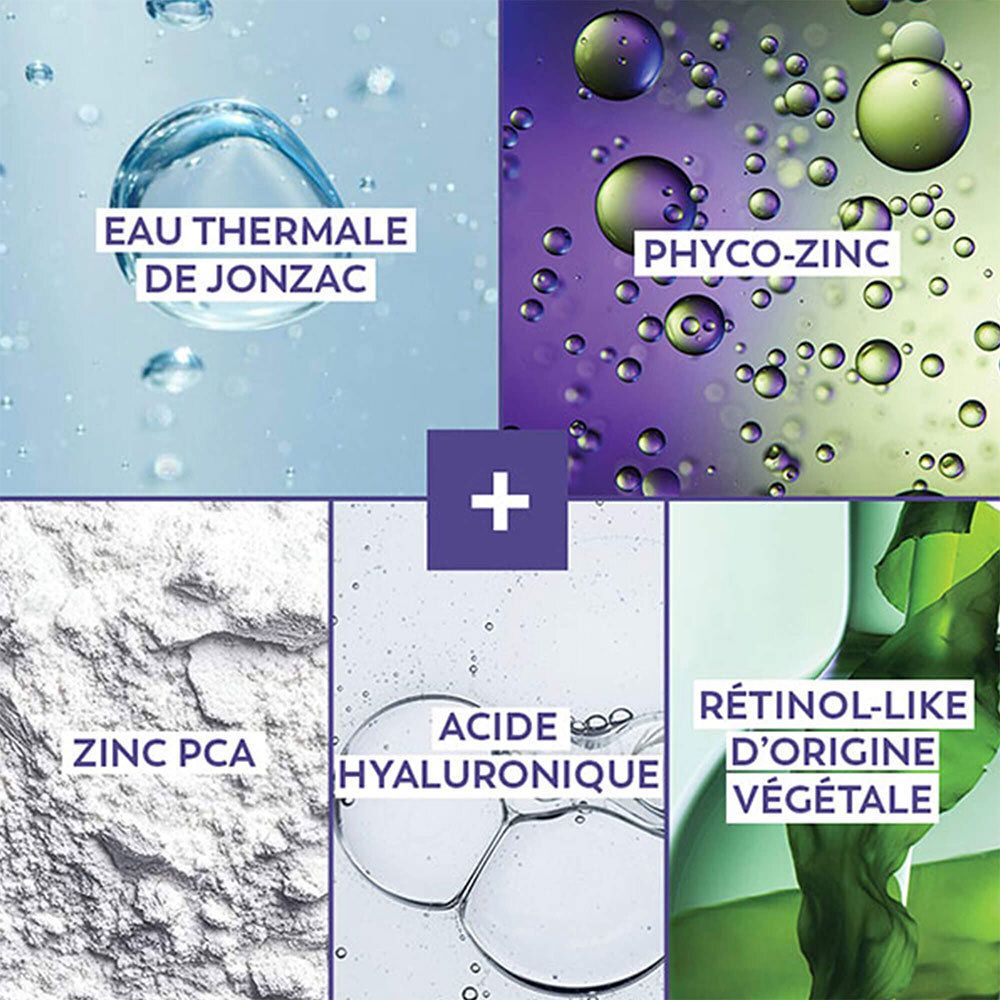 Collage d'ingrédients. Texte: Eau Thermale de Jonzac, Phyco-Zinc, Zinc PCA, Acide Hyaluronique, Rétinol-like d'origine végétale.