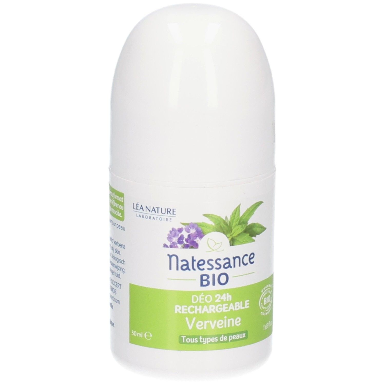 Roll-on blanc. Inscription: Natessance BIO, DÉO 24H RECHARGEABLE Verveine. Pour tous types de peaux.
