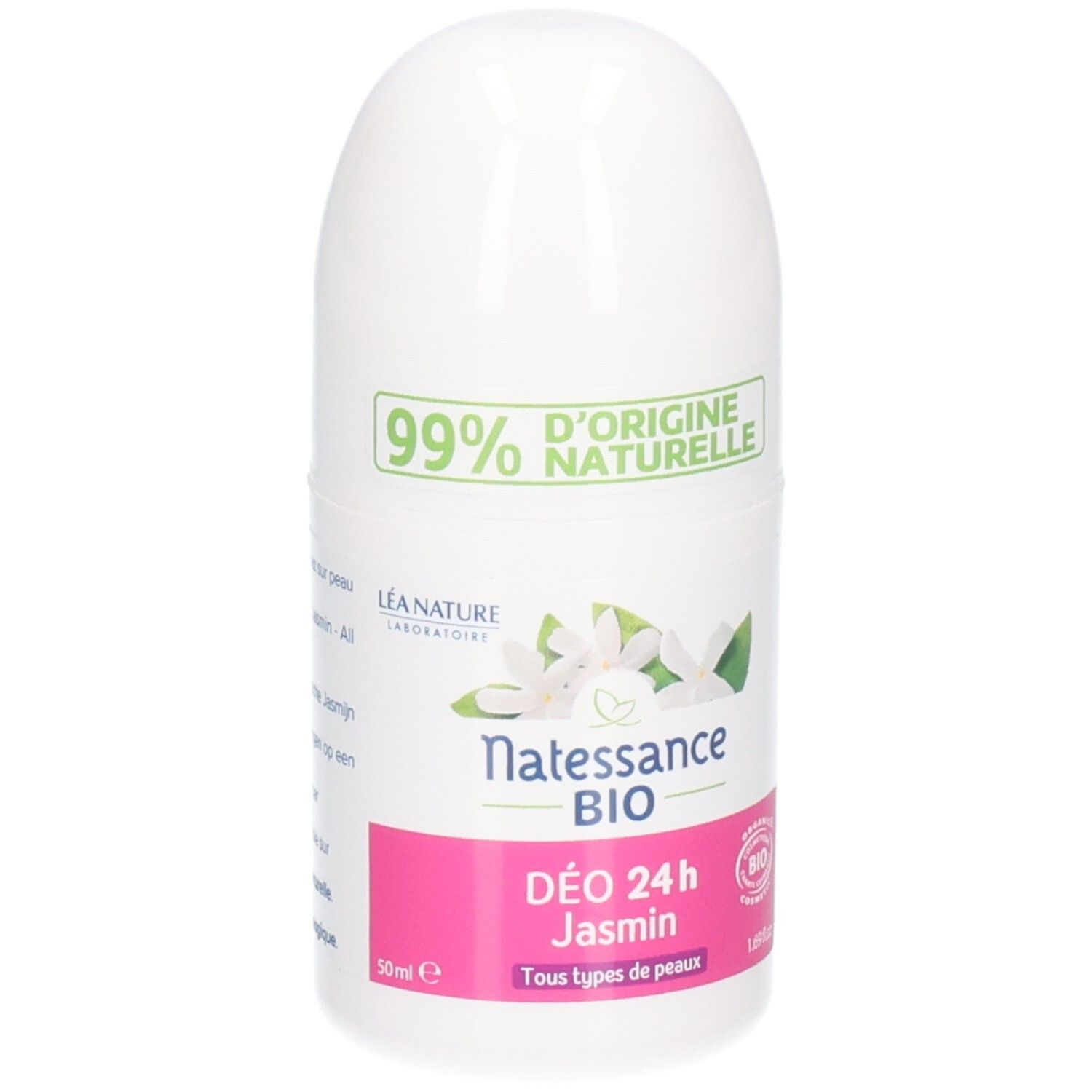 Roll-on blanc. Inscription: Natessance BIO, DÉO 24 h Jasmin. 99% d'origine naturelle. Pour tous types de peaux. Fleurs de jasmin.