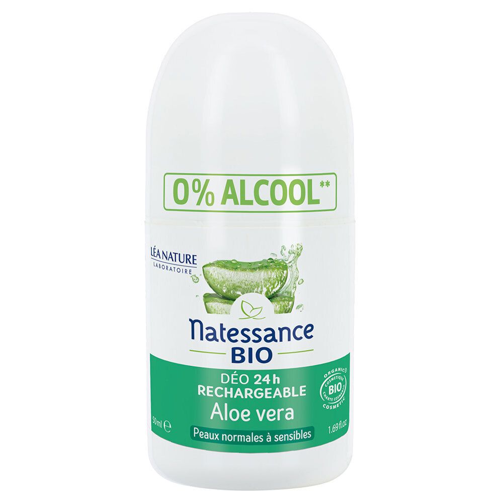 Déodorant roll-on blanc, accents verts. Inscriptions : 0% ALCOOL, Natessance BIO, Aloe vera. Certification bio.