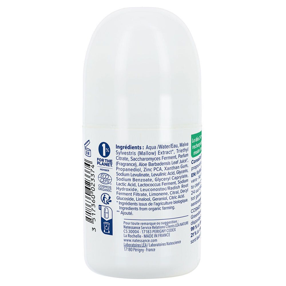 Dos du déodorant roll-on. Liste des ingrédients, certification COSMOS ORGANIC, informations de fabrication et recyclage.