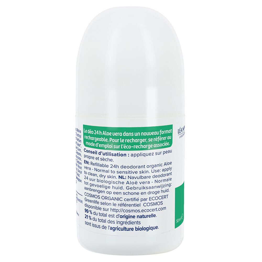Dos du déodorant roll-on. Mode d'emploi multilingue. Certification COSMOS ORGANIC. 50ml.