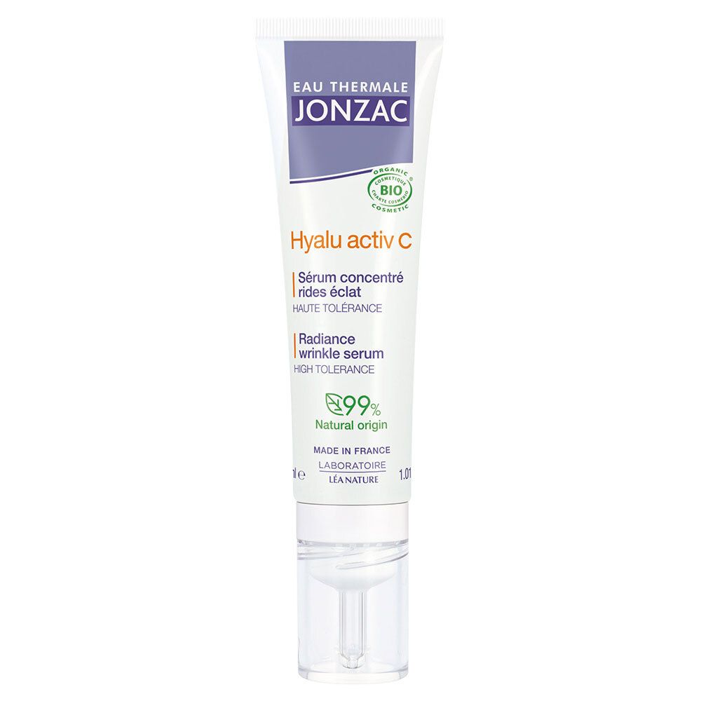 Tube blanc avec produit. Inscriptions: Jonzac, Hyalu activ C, Sérum concentré rides éclat. Avec applicateur.