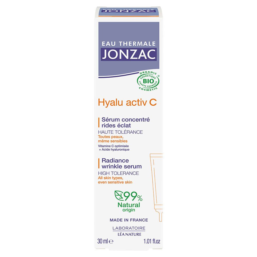 Boîte avec produit. Inscriptions: Jonzac, Hyalu activ C, Sérum concentré rides éclat. Avec image du produit et 30ml.