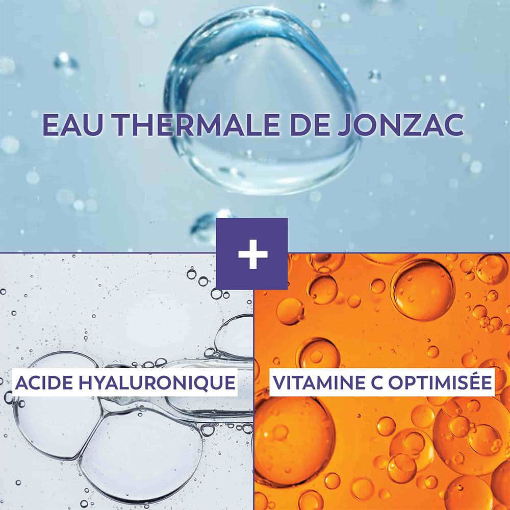 Afbeelding toont water, hyaluronzuur en vitamine C. Tekst: Eau Thermale de Jonzac, Acide Hyaluronique, Vitamine C optimisée.