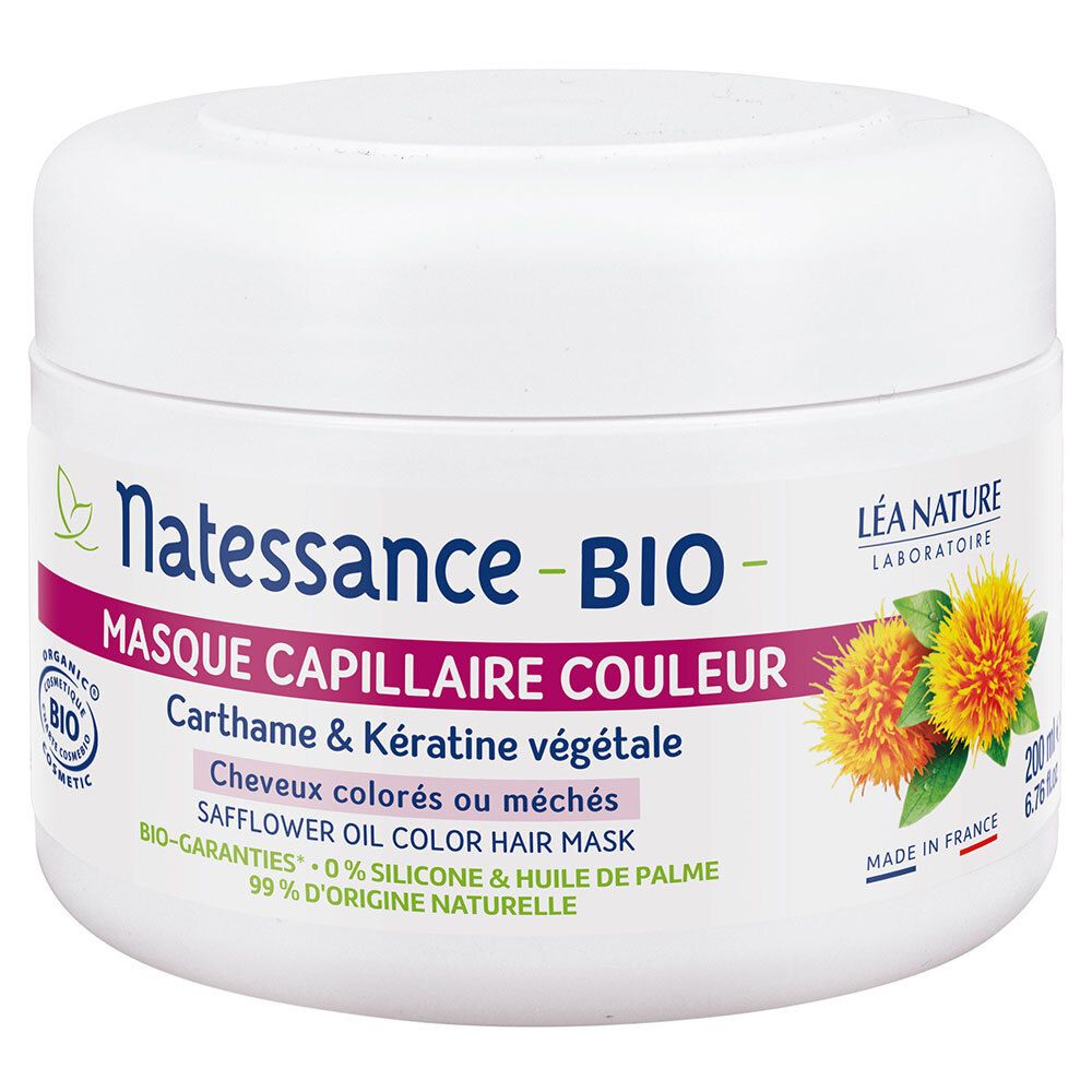 Witte pot Natessance-BIO, Masque Capillaire Couleur. Distelolie en plantaardige keratine. Voor gekleurd haar.