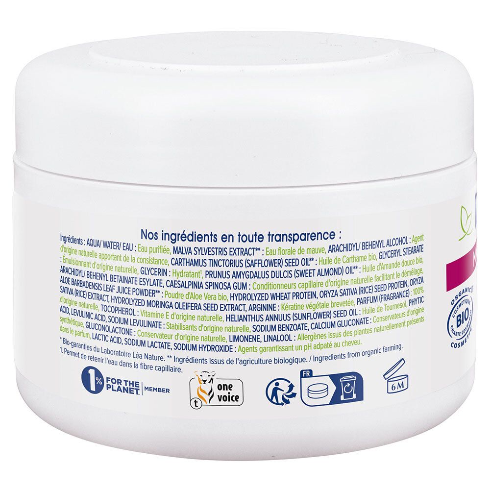 Achterkant witte pot met ingrediënten en certificeringen. Informatie over ingrediënten en eco-certificering.