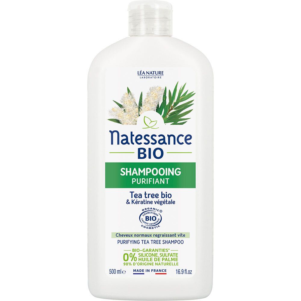 Flacon blanc avec étiquette verte. Inscription: Natessance BIO Shampooing Purifiant. Label bio visible.