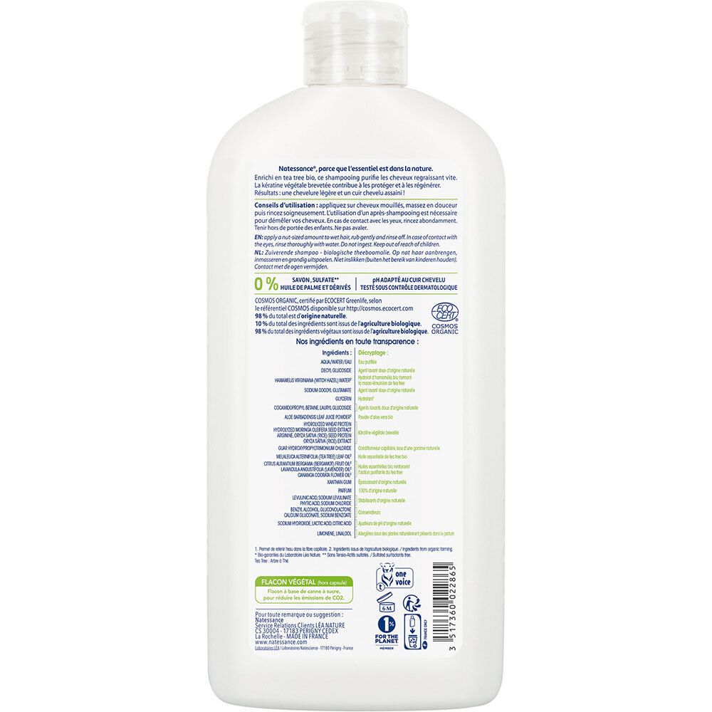 Dos du flacon blanc. Texte multilingue. Label bio et liste des ingrédients.