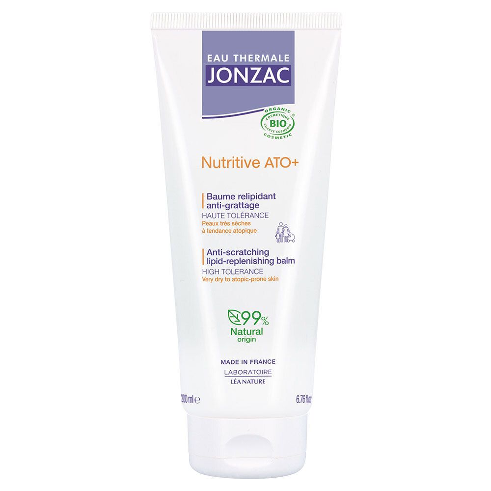 Witte tube met paarse accenten. Opschrift: Eau Thermale Jonzac, Nutritive ATO+, bio-certificering, 99% natuurlijke oorsprong.