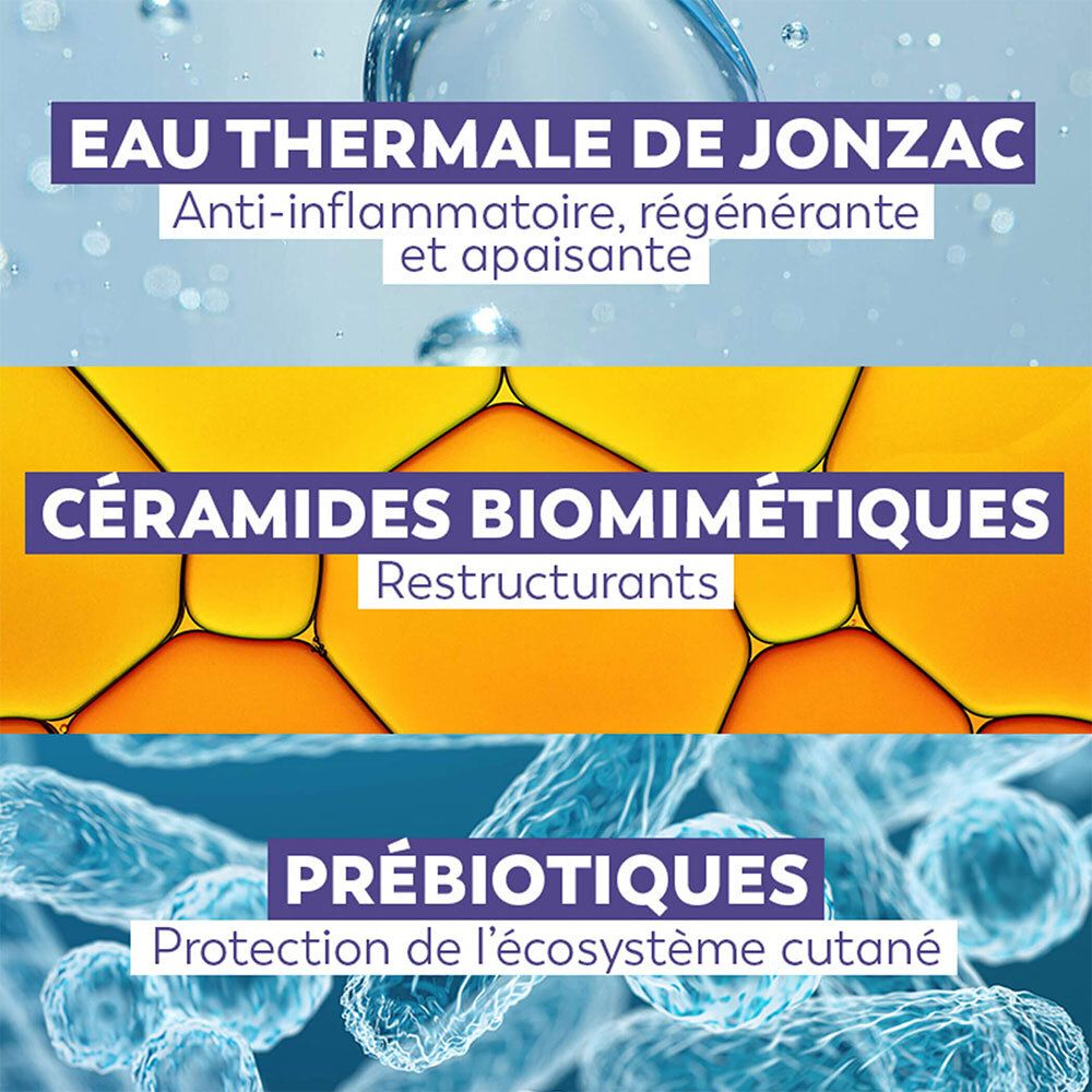 Drie gekleurde balken met tekst. Eau Thermale de Jonzac, Ceramides biomimétiques, Prébiotiques. Achtergrond met water en bellen.
