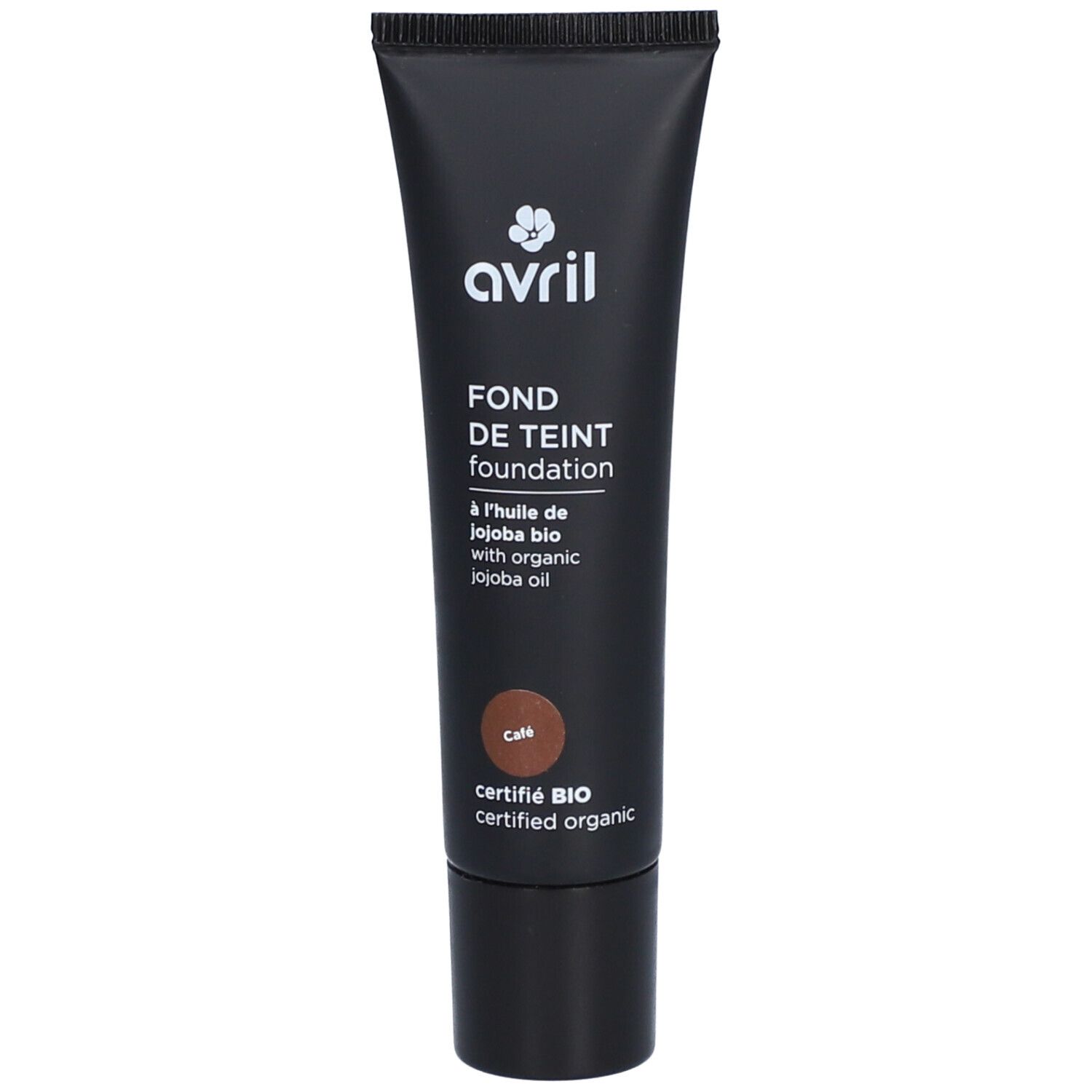 Zwarte foundation tube. Opschrift: Avril, Fond de Teint, Café. Gecertificeerd Bio.