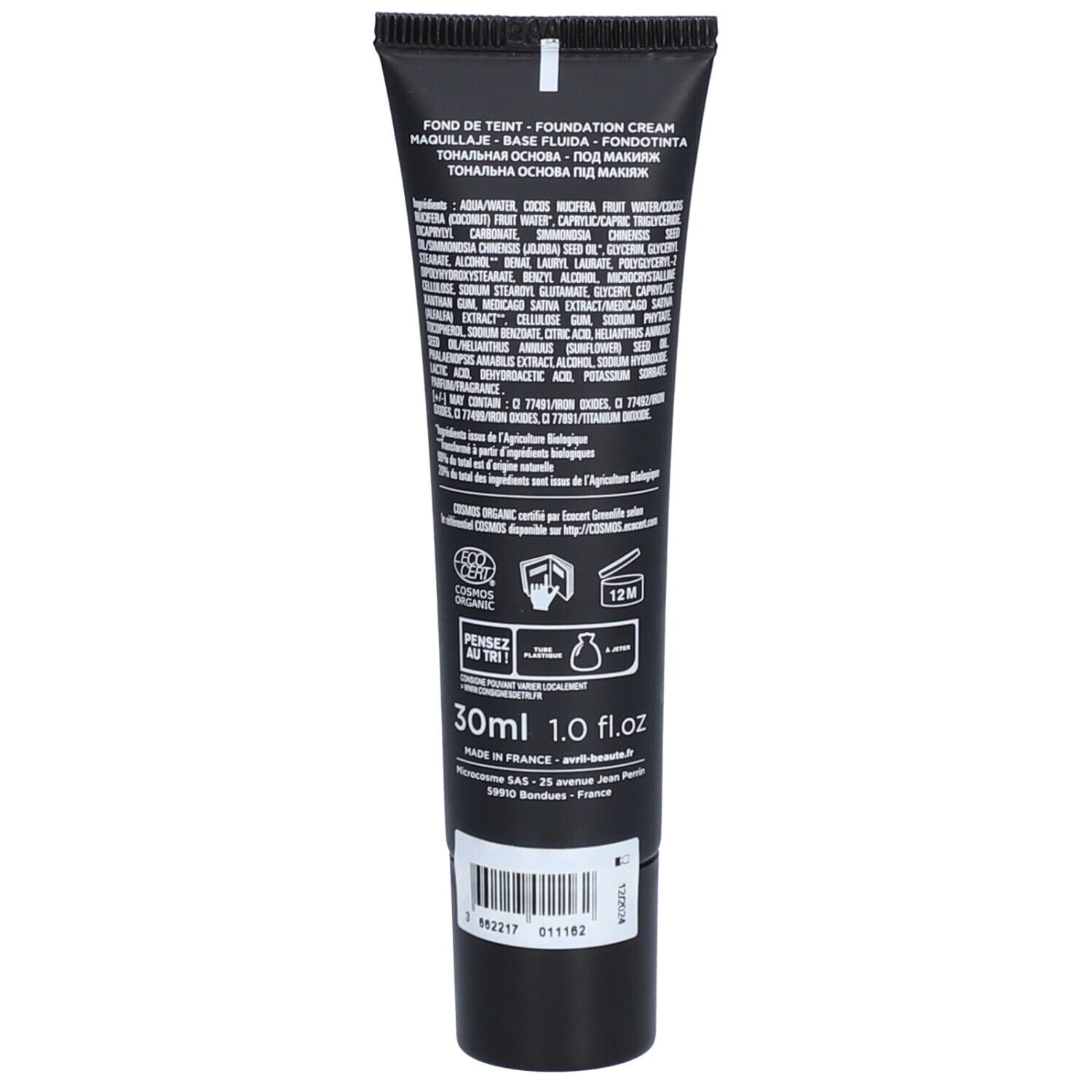 Achterkant van de foundation tube. Tekst, ingrediënten, certificeringen, 30ml, 1.0 fl.oz.