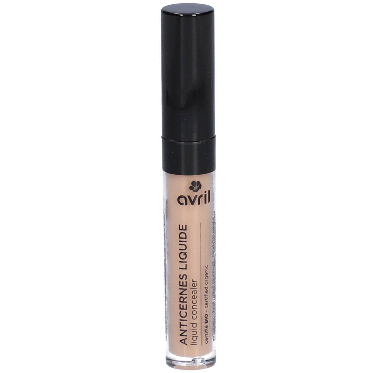 Correcteur liquide dans un flacon transparent avec bouchon noir. Inscription: AVRIL, ANTICERNES LIQUIDE, certified organic.