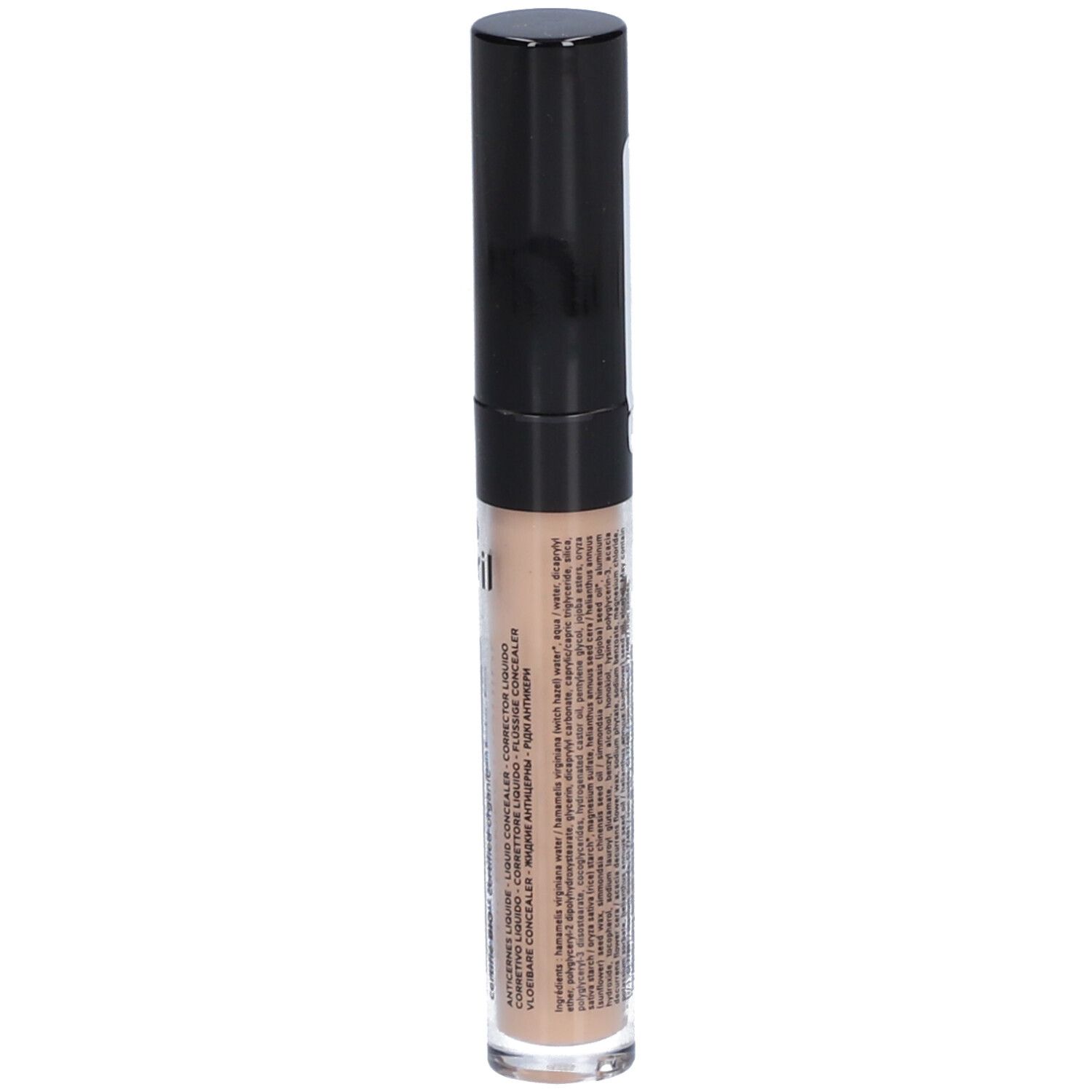Correcteur liquide dans un flacon transparent avec bouchon noir. Texte sur le flacon.