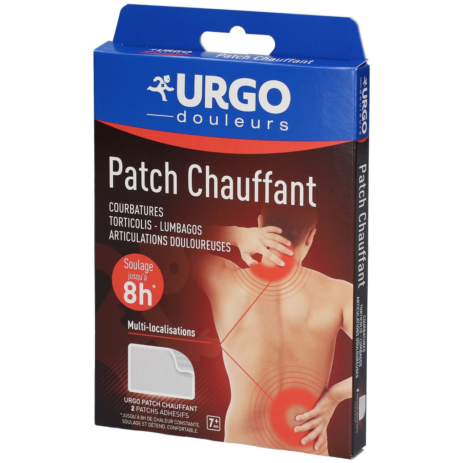 Verpakking van URGO Patch Chauffant. Voorkant met afbeelding van rug met pijnplekken. Tekst: Patch Chauffant, 8h.