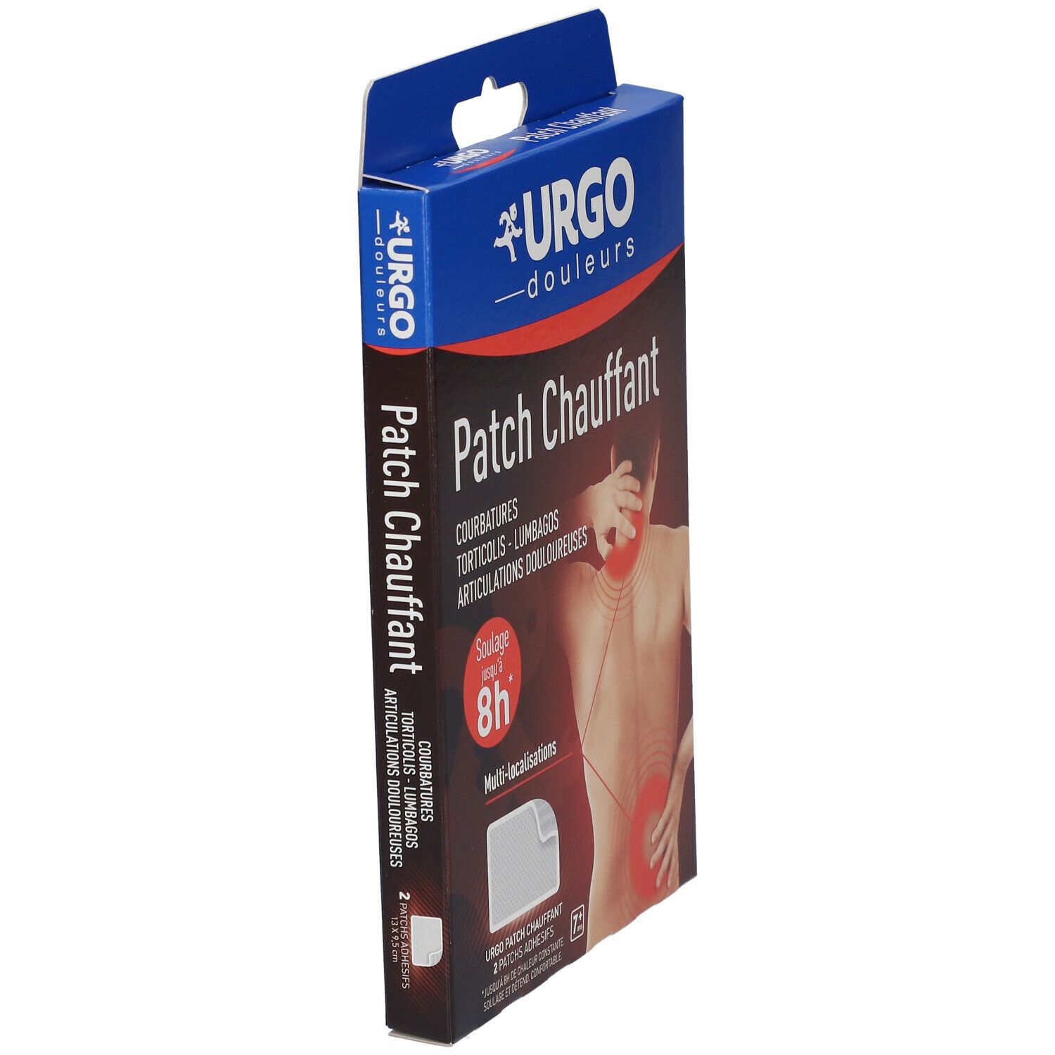 Schuine weergave van de URGO Patch Chauffant verpakking. Blauwe en rode kleuren. Tekst: URGO, Patch Chauffant, 8h.