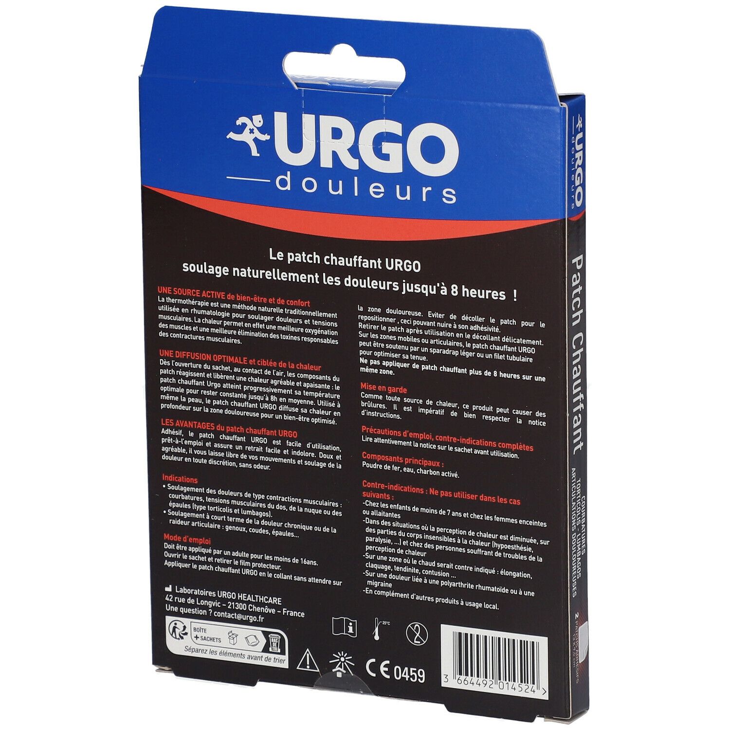 Achterkant van de URGO Patch Chauffant verpakking. Tekstinformatie en CE-markering. Blauwe en witte kleuren.