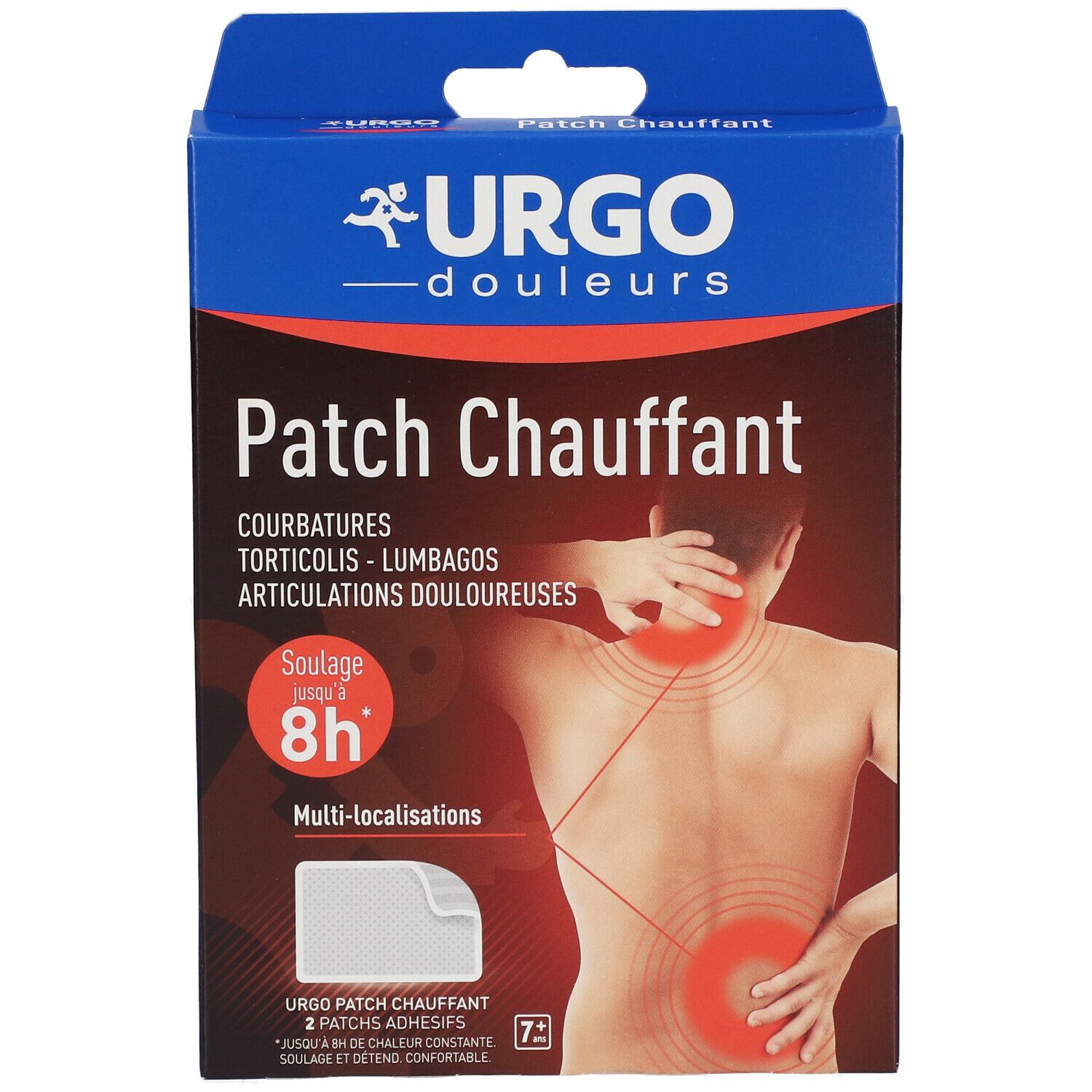 URGO Patch Chauffant verpakking. Voorkant met afbeelding van rug met pijnplekken. Tekst: Patch Chauffant, 8h.