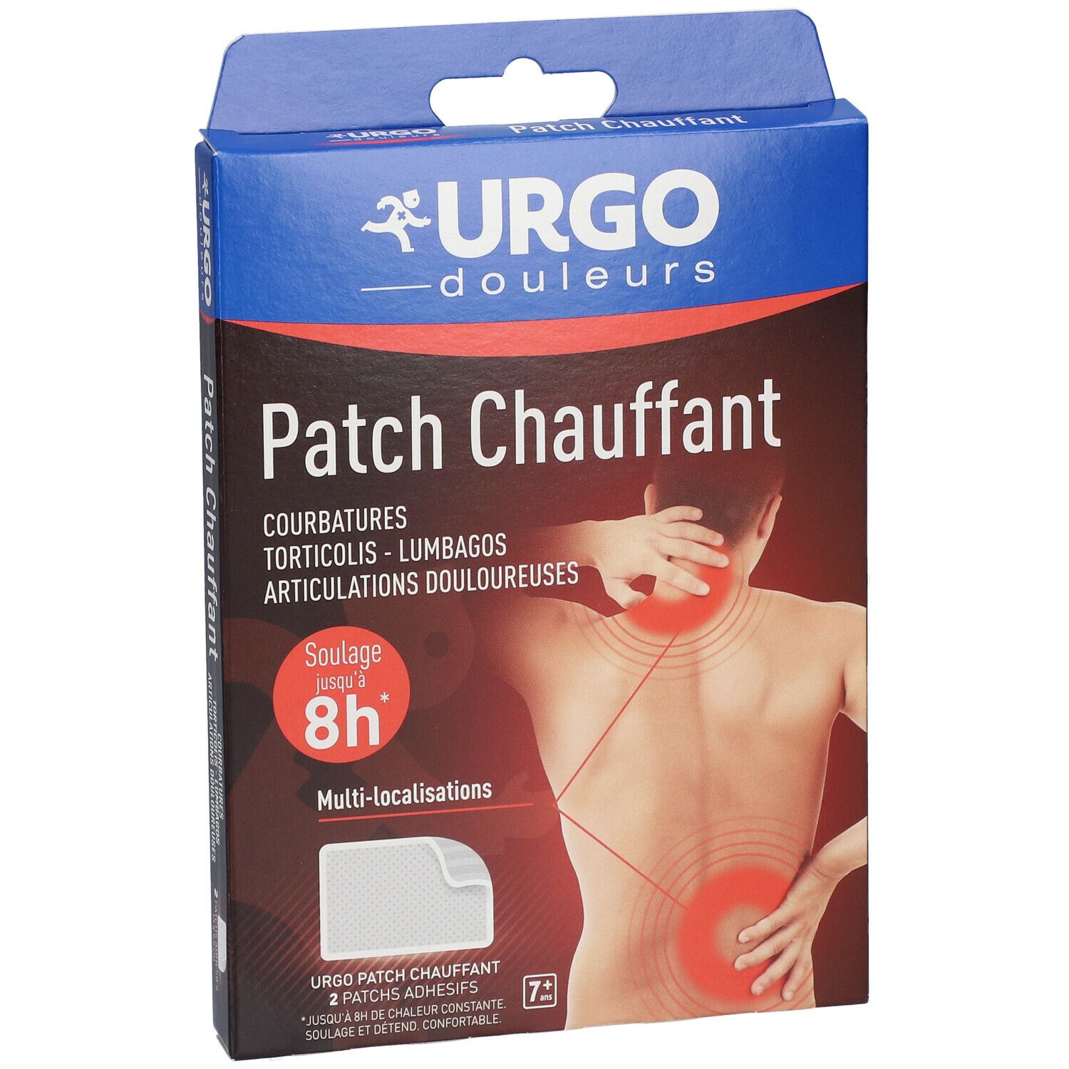 URGO Patch Chauffant verpakking. Voorkant met afbeelding van rug met pijnplekken. Tekst: Patch Chauffant, 8h.