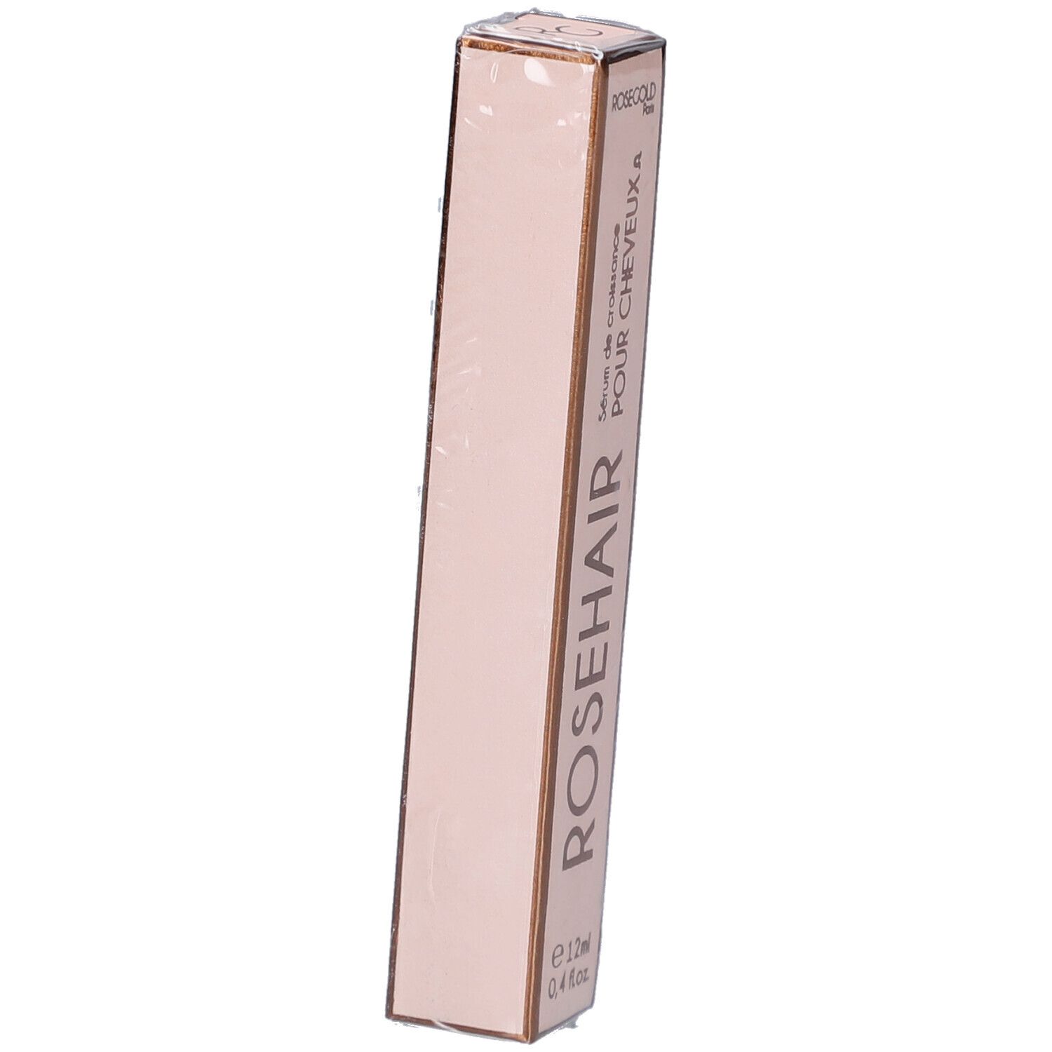 Emballage fin rose. Inscription: ROSEHAIR, Sérum de croissance POUR CHEVEUX A, e 12ml, 0,4 fl.oz. ROSEGOLD Paris.