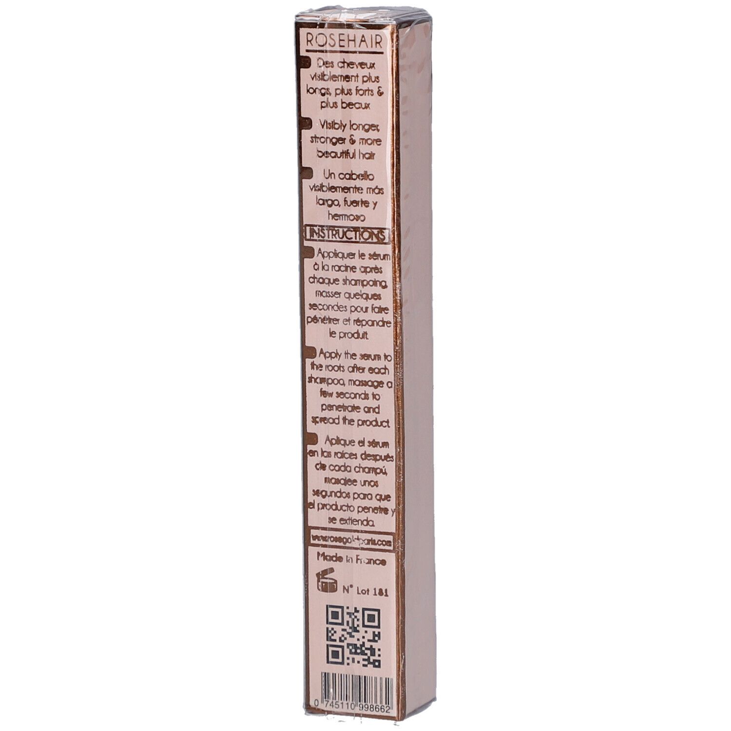 Dos de l'emballage rose. Texte: Instructions d'utilisation, ingrédients, code QR. ROSEHAIR, Sérum de croissance POUR CHEVEUX A.