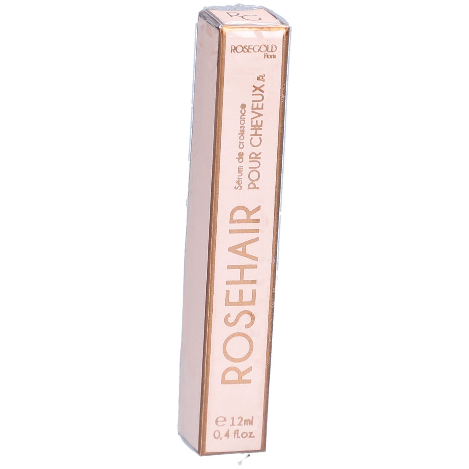 Emballage fin rose. Inscription: ROSEHAIR, Sérum de croissance POUR CHEVEUX A, e 12ml, 0,4 fl.oz. ROSEGOLD Paris.