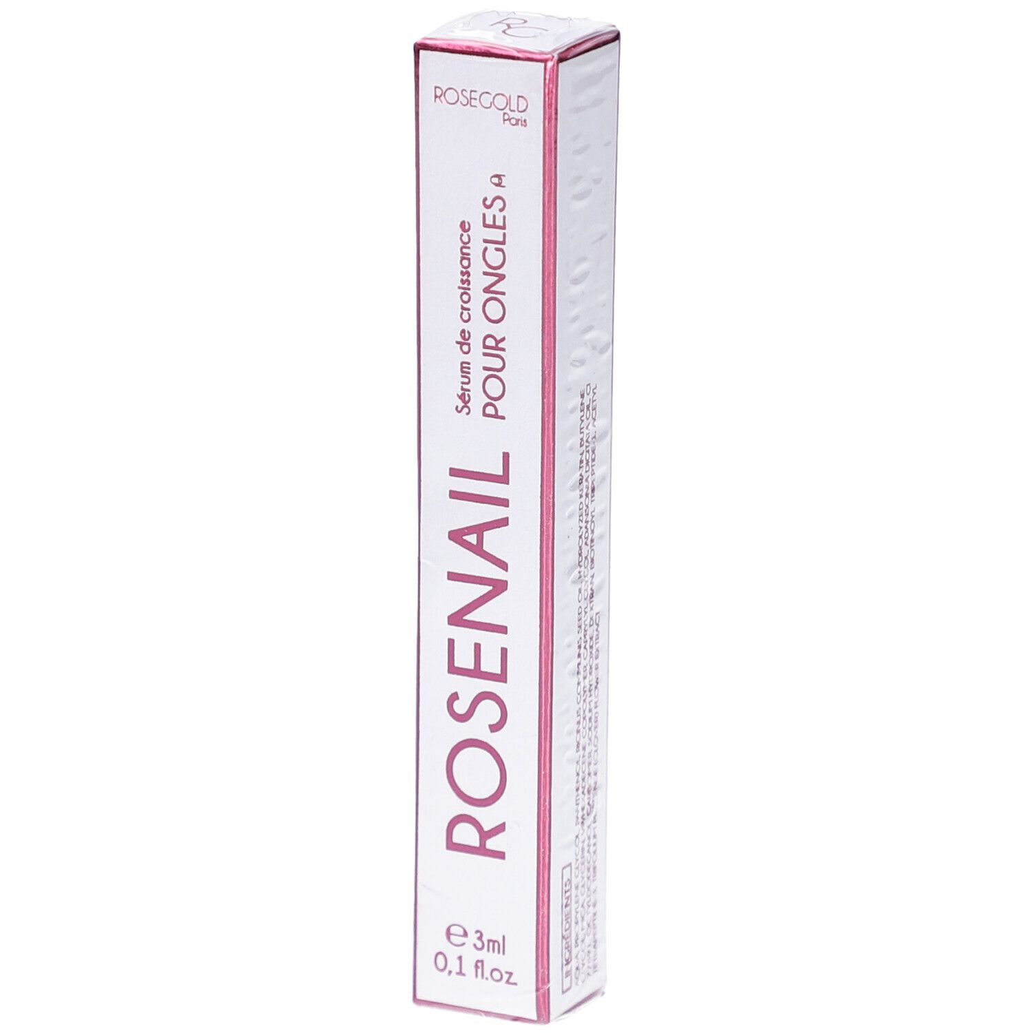 Doosje met ROSENAIL serum voor nagels. Roze tekst op witte achtergrond. Inhoud: 3ml.