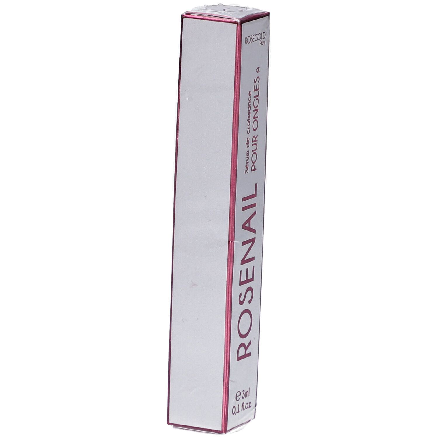 Doosje met ROSENAIL serum voor nagels. Roze tekst op witte achtergrond. Inhoud: 3ml.