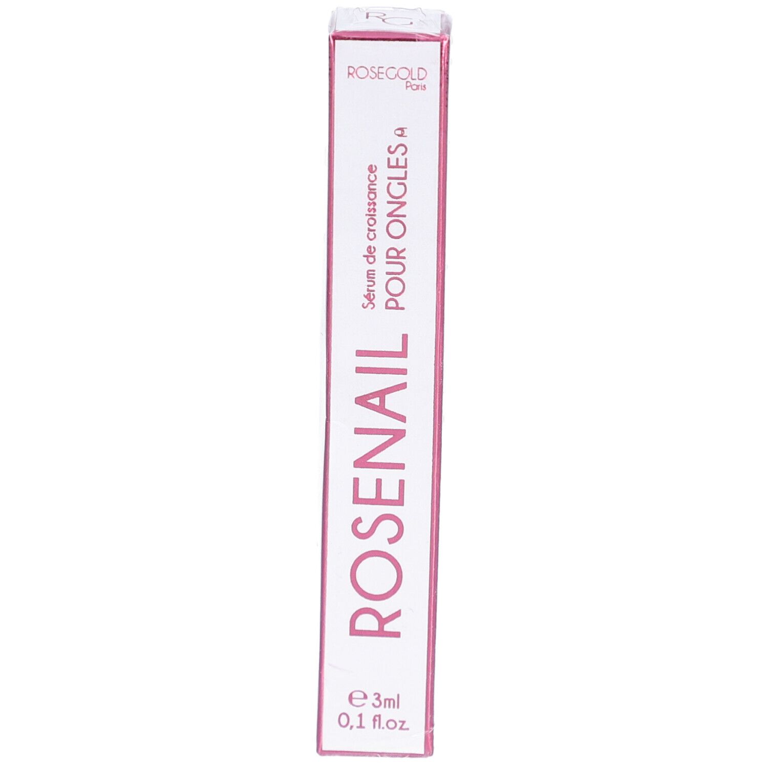Doosje met ROSENAIL serum voor nagels. Roze tekst op witte achtergrond. Inhoud: 3ml.
