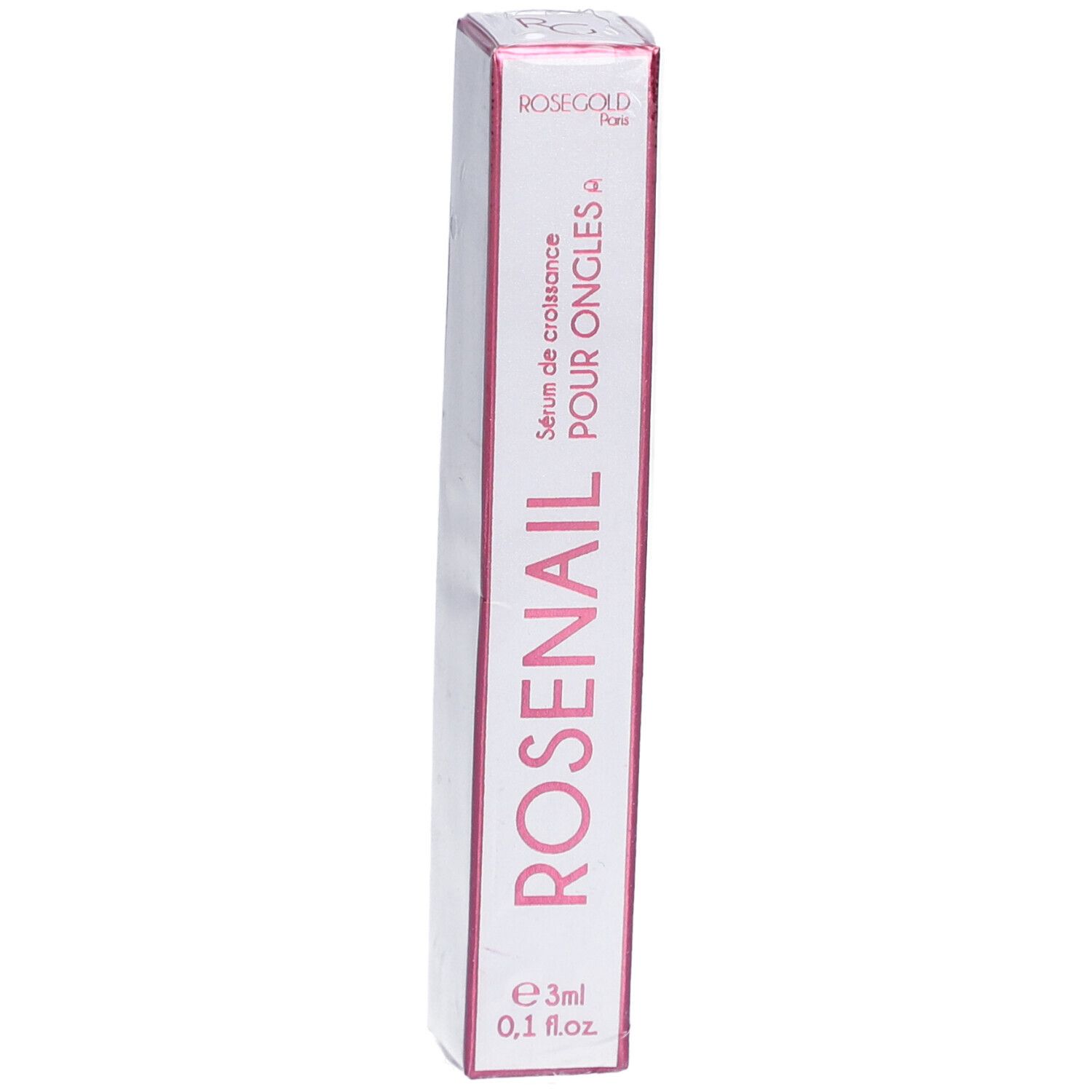 Doosje met ROSENAIL serum voor nagels. Roze tekst op witte achtergrond. Inhoud: 3ml.