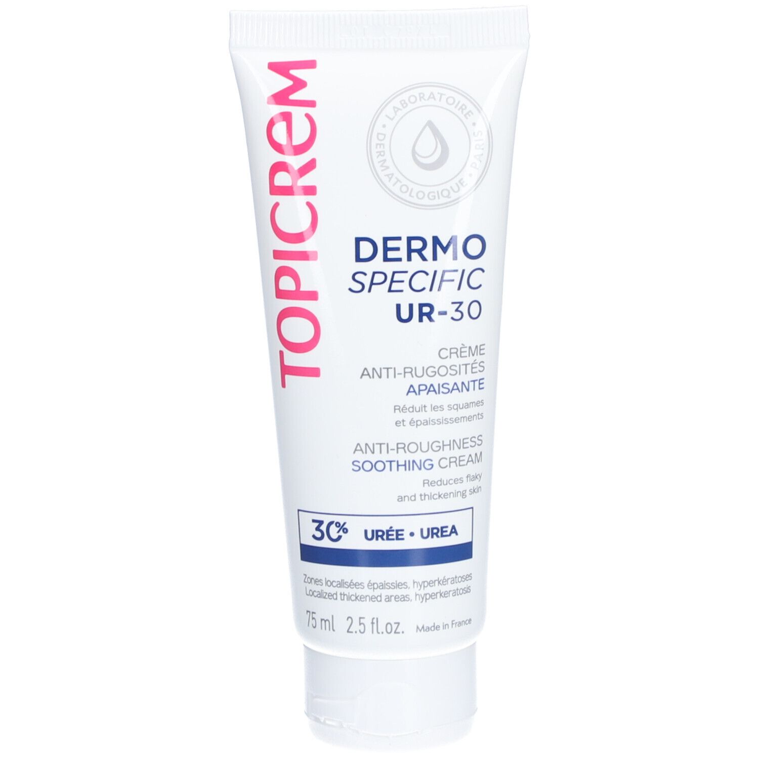Topicrem Dermo-Specific UR-30 crème. Witte tube met roze tekst. Bevat 30% ureum. Anti-ruwheid crème.