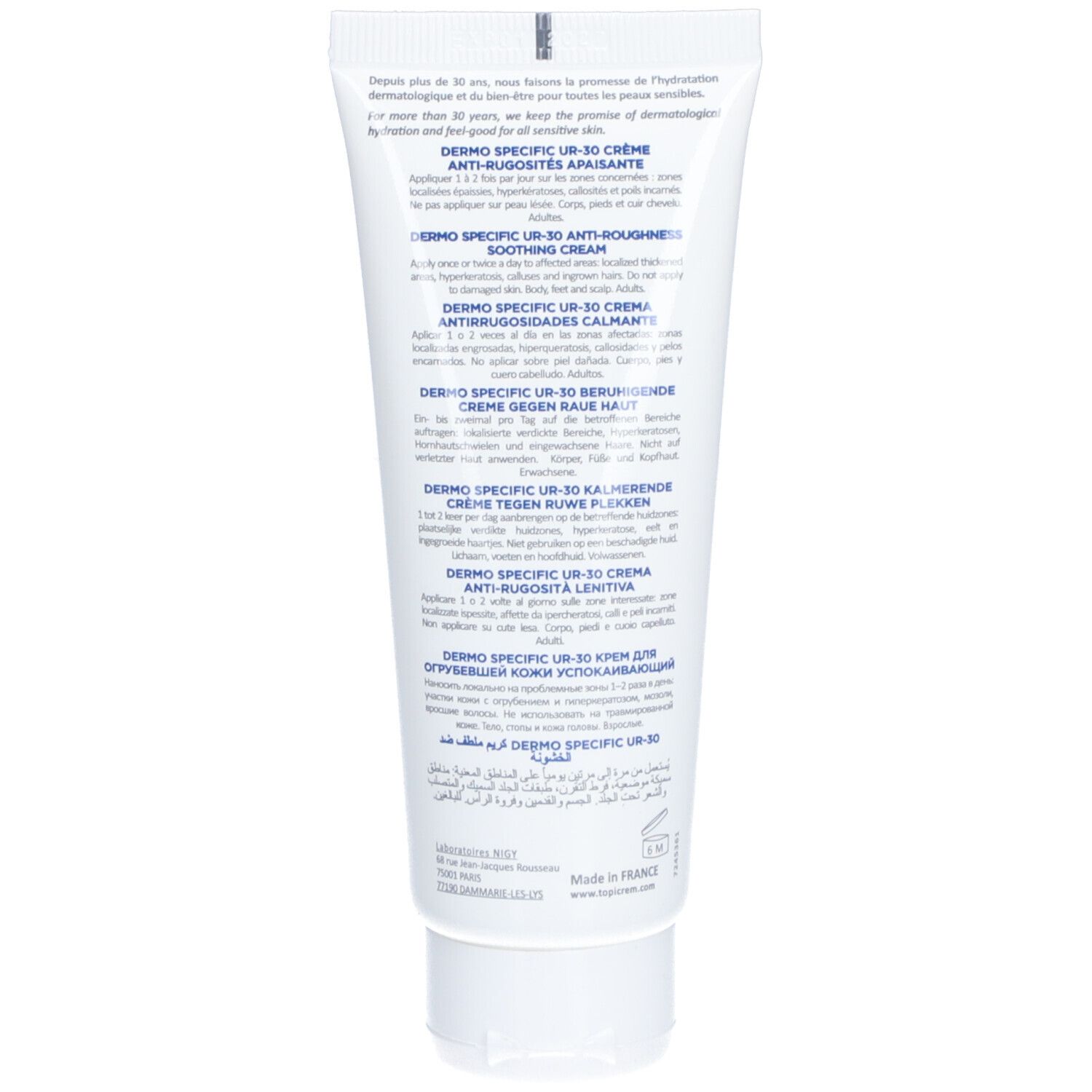 Achterkant van de Topicrem Dermo-Specific UR-30 crème tube. Tekst in meerdere talen. Witte achtergrond.