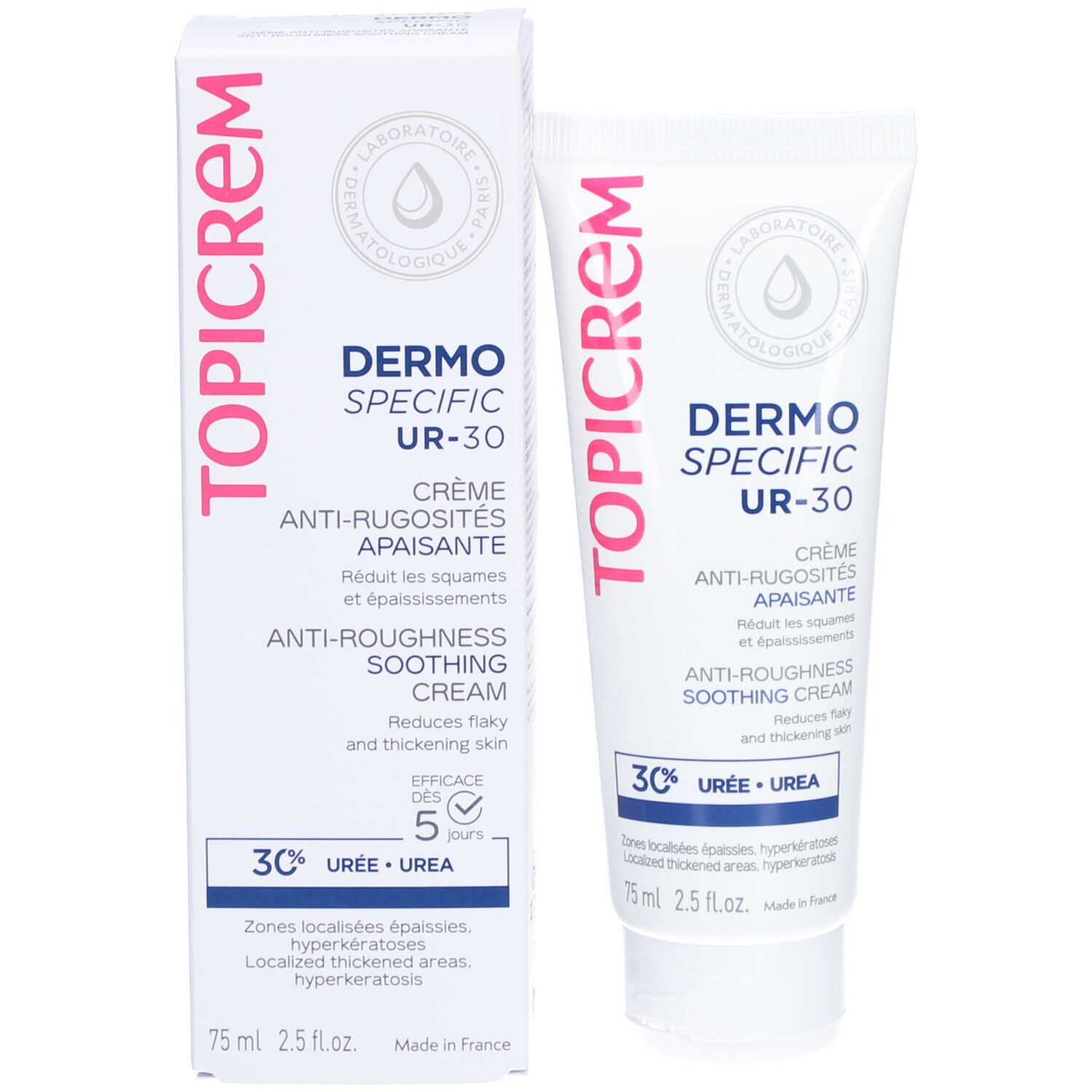 Topicrem Dermo-Specific UR-30 crème en verpakking. Witte tube en doos met roze tekst.